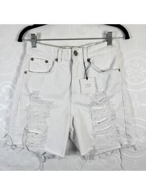 New Zara White Distressed Denim Bermuda Shorts Womens 4 High Rise